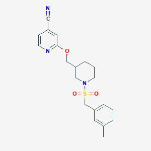 molecular formula C20H23N3O3S B2873537 2-[[1-[(3-Methylphenyl)methylsulfonyl]piperidin-3-yl]methoxy]pyridine-4-carbonitrile CAS No. 2379976-54-0