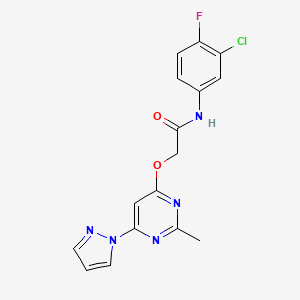 molecular formula C16H13ClFN5O2 B2873785 N-(3-chloro-4-fluorophenyl)-2-((2-methyl-6-(1H-pyrazol-1-yl)pyrimidin-4-yl)oxy)acetamide CAS No. 1421497-41-7