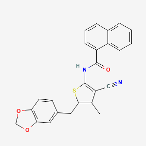 molecular formula C25H18N2O3S B2873950 N-(5-(benzo[d][1,3]dioxol-5-ylmethyl)-3-cyano-4-methylthiophen-2-yl)-1-naphthamide CAS No. 476367-51-8