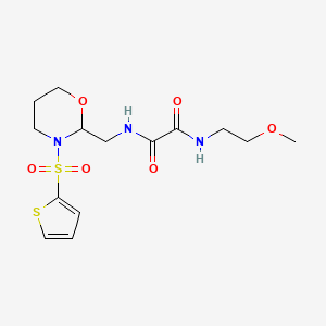 molecular formula C14H21N3O6S2 B2874139 N1-(2-methoxyethyl)-N2-((3-(thiophen-2-ylsulfonyl)-1,3-oxazinan-2-yl)methyl)oxalamide CAS No. 869072-05-9