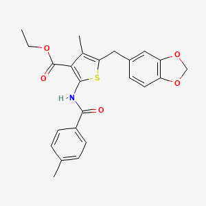 molecular formula C24H23NO5S B2874160 ethyl 5-[(2H-1,3-benzodioxol-5-yl)methyl]-4-methyl-2-(4-methylbenzamido)thiophene-3-carboxylate CAS No. 476365-23-8