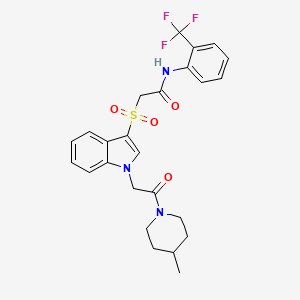molecular formula C25H26F3N3O4S B2874279 2-((1-(2-(4-methylpiperidin-1-yl)-2-oxoethyl)-1H-indol-3-yl)sulfonyl)-N-(2-(trifluoromethyl)phenyl)acetamide CAS No. 878059-97-3