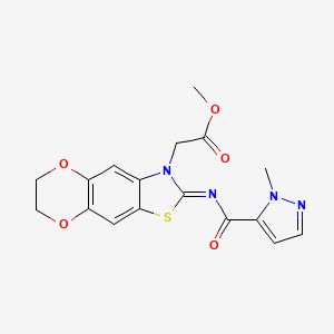 molecular formula C17H16N4O5S B2874450 methyl 2-[2-(2-methylpyrazole-3-carbonyl)imino-6,7-dihydro-[1,4]dioxino[2,3-f][1,3]benzothiazol-3-yl]acetate CAS No. 1173511-38-0