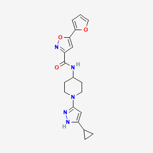 molecular formula C19H21N5O3 B2874512 N-[1-(5-cyclopropyl-1H-pyrazol-3-yl)piperidin-4-yl]-5-(furan-2-yl)-1,2-oxazole-3-carboxamide CAS No. 2034208-08-5