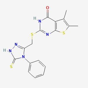 molecular formula C17H15N5OS3 B2874683 5,6-dimethyl-2-(((4-phenyl-5-thioxo-4,5-dihydro-1H-1,2,4-triazol-3-yl)methyl)thio)thieno[2,3-d]pyrimidin-4(3H)-one CAS No. 637326-96-6