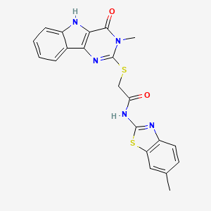 molecular formula C21H17N5O2S2 B2874719 N-(6-methyl-1,3-benzothiazol-2-yl)-2-({3-methyl-4-oxo-3H,4H,5H-pyrimido[5,4-b]indol-2-yl}sulfanyl)acetamide CAS No. 537668-02-3