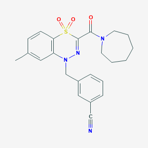molecular formula C23H24N4O3S B2874903 3-{[3-(azepane-1-carbonyl)-7-methyl-4,4-dioxo-1H-4lambda6,1,2-benzothiadiazin-1-yl]methyl}benzonitrile CAS No. 1251602-96-6