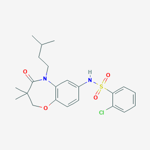 molecular formula C22H27ClN2O4S B2874973 2-chloro-N-(5-isopentyl-3,3-dimethyl-4-oxo-2,3,4,5-tetrahydrobenzo[b][1,4]oxazepin-7-yl)benzenesulfonamide CAS No. 921916-51-0