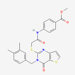 molecular formula C25H23N3O4S2 B2875178 Methyl 4-[({[3-(3,4-dimethylbenzyl)-4-oxo-3,4-dihydrothieno[3,2-d]pyrimidin-2-yl]sulfanyl}acetyl)amino]benzoate CAS No. 1252930-63-4
