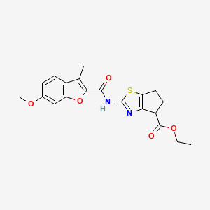 molecular formula C20H20N2O5S B2875213 ethyl 2-(6-methoxy-3-methylbenzofuran-2-carboxamido)-5,6-dihydro-4H-cyclopenta[d]thiazole-4-carboxylate CAS No. 1219904-21-8
