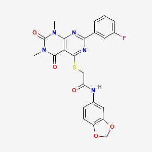 molecular formula C23H18FN5O5S B2875307 N-(benzo[d][1,3]dioxol-5-yl)-2-((2-(3-fluorophenyl)-6,8-dimethyl-5,7-dioxo-5,6,7,8-tetrahydropyrimido[4,5-d]pyrimidin-4-yl)thio)acetamide CAS No. 872848-49-2
