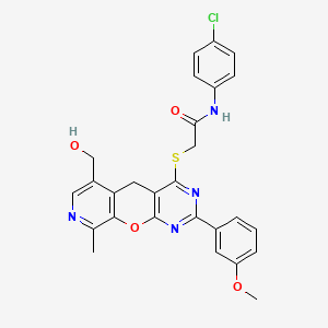 molecular formula C27H23ClN4O4S B2875309 N-(4-chlorophenyl)-2-[[11-(hydroxymethyl)-5-(3-methoxyphenyl)-14-methyl-2-oxa-4,6,13-triazatricyclo[8.4.0.03,8]tetradeca-1(10),3(8),4,6,11,13-hexaen-7-yl]sulfanyl]acetamide CAS No. 892381-28-1