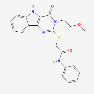 molecular formula C21H20N4O3S B2875573 2-{[3-(2-methoxyethyl)-4-oxo-3H,4H,5H-pyrimido[5,4-b]indol-2-yl]sulfanyl}-N-phenylacetamide CAS No. 888436-43-9