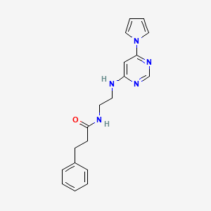 molecular formula C19H21N5O B2875671 N-(2-((6-(1H-pyrrol-1-yl)pyrimidin-4-yl)amino)ethyl)-3-phenylpropanamide CAS No. 1421448-98-7