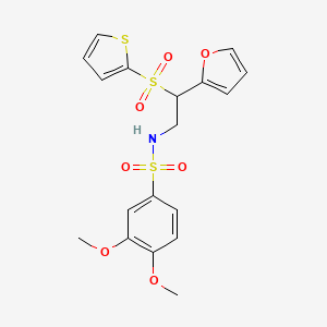 molecular formula C18H19NO7S3 B2875705 N-[2-(furan-2-yl)-2-(thiophene-2-sulfonyl)ethyl]-3,4-dimethoxybenzene-1-sulfonamide CAS No. 877816-97-2