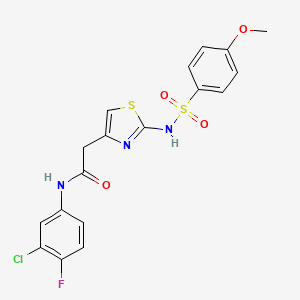 molecular formula C18H15ClFN3O4S2 B2875831 N-(3-chloro-4-fluorophenyl)-2-(2-(4-methoxyphenylsulfonamido)thiazol-4-yl)acetamide CAS No. 922129-33-7