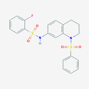 molecular formula C21H19FN2O4S2 B2876117 N-[1-(benzenesulfonyl)-1,2,3,4-tetrahydroquinolin-7-yl]-2-fluorobenzene-1-sulfonamide CAS No. 951572-75-1