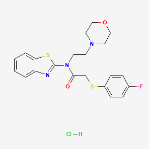 molecular formula C21H23ClFN3O2S2 B2876305 N-(1,3-BENZOTHIAZOL-2-YL)-2-[(4-FLUOROPHENYL)SULFANYL]-N-[2-(MORPHOLIN-4-YL)ETHYL]ACETAMIDE HYDROCHLORIDE CAS No. 1216660-83-1