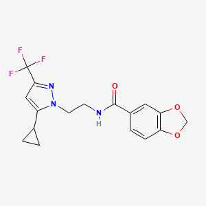 molecular formula C17H16F3N3O3 B2876509 N-(2-(5-cyclopropyl-3-(trifluoromethyl)-1H-pyrazol-1-yl)ethyl)benzo[d][1,3]dioxole-5-carboxamide CAS No. 1797976-43-2