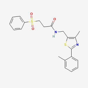molecular formula C21H22N2O3S2 B2876529 N-((4-methyl-2-(o-tolyl)thiazol-5-yl)methyl)-3-(phenylsulfonyl)propanamide CAS No. 1704630-31-8