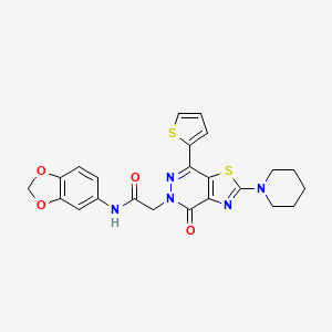 molecular formula C23H21N5O4S2 B2876607 N-(2H-1,3-benzodioxol-5-yl)-2-[4-oxo-2-(piperidin-1-yl)-7-(thiophen-2-yl)-4H,5H-[1,3]thiazolo[4,5-d]pyridazin-5-yl]acetamide CAS No. 1105219-65-5