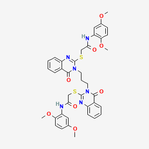 molecular formula C39H38N6O8S2 B2876816 N-(2,5-dimethoxyphenyl)-2-[(3-{3-[2-({[(2,5-dimethoxyphenyl)carbamoyl]methyl}sulfanyl)-4-oxo-3,4-dihydroquinazolin-3-yl]propyl}-4-oxo-3,4-dihydroquinazolin-2-yl)sulfanyl]acetamide CAS No. 689762-21-8