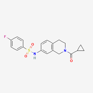 molecular formula C19H19FN2O3S B2876842 N-(2-(cyclopropanecarbonyl)-1,2,3,4-tetrahydroisoquinolin-7-yl)-4-fluorobenzenesulfonamide CAS No. 955728-15-1
