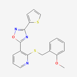 molecular formula C19H15N3O2S2 B2876855 2-{[(2-Methoxyphenyl)methyl]sulfanyl}-3-[3-(thiophen-2-yl)-1,2,4-oxadiazol-5-yl]pyridine CAS No. 2319835-30-6