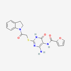 molecular formula C19H17N5O4S B2876966 N-(4-amino-2-((2-(indolin-1-yl)-2-oxoethyl)thio)-6-oxo-1,6-dihydropyrimidin-5-yl)furan-2-carboxamide CAS No. 868225-92-7