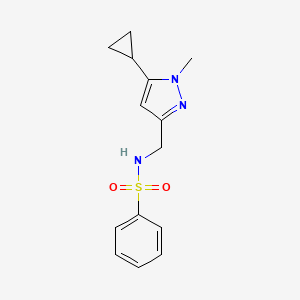molecular formula C14H17N3O2S B2877041 N-((5-cyclopropyl-1-methyl-1H-pyrazol-3-yl)methyl)benzenesulfonamide CAS No. 1448073-17-3