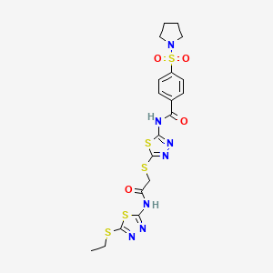 molecular formula C19H21N7O4S5 B2877055 N-(5-((2-((5-(ethylthio)-1,3,4-thiadiazol-2-yl)amino)-2-oxoethyl)thio)-1,3,4-thiadiazol-2-yl)-4-(pyrrolidin-1-ylsulfonyl)benzamide CAS No. 389073-65-8