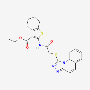 molecular formula C23H22N4O3S2 B2877213 Ethyl 2-(2-([1,2,4]triazolo[4,3-a]quinolin-1-ylthio)acetamido)-4,5,6,7-tetrahydrobenzo[b]thiophene-3-carboxylate CAS No. 671199-27-2