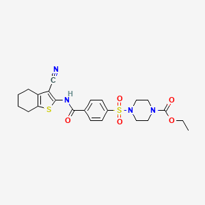 molecular formula C23H26N4O5S2 B2877523 Ethyl 4-((4-((3-cyano-4,5,6,7-tetrahydrobenzo[b]thiophen-2-yl)carbamoyl)phenyl)sulfonyl)piperazine-1-carboxylate CAS No. 398998-73-7