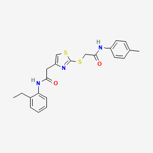 molecular formula C22H23N3O2S2 B2877646 N-(2-ethylphenyl)-2-(2-((2-oxo-2-(p-tolylamino)ethyl)thio)thiazol-4-yl)acetamide CAS No. 941874-72-2
