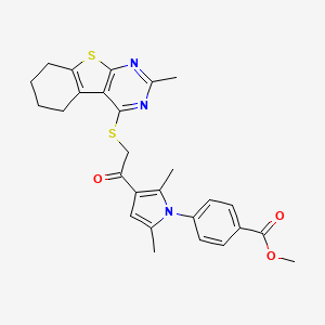 molecular formula C27H27N3O3S2 B2877763 methyl 4-{2,5-dimethyl-3-[2-({5-methyl-8-thia-4,6-diazatricyclo[7.4.0.0^{2,7}]trideca-1(9),2(7),3,5-tetraen-3-yl}sulfanyl)acetyl]-1H-pyrrol-1-yl}benzoate CAS No. 670268-35-6