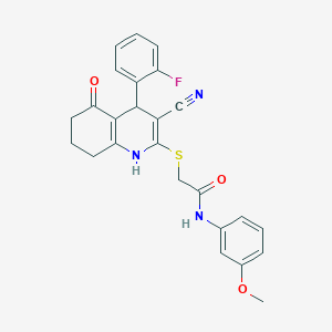 molecular formula C25H22FN3O3S B2877797 2-((3-cyano-4-(2-fluorophenyl)-5-oxo-1,4,5,6,7,8-hexahydroquinolin-2-yl)thio)-N-(3-methoxyphenyl)acetamide CAS No. 797798-20-0
