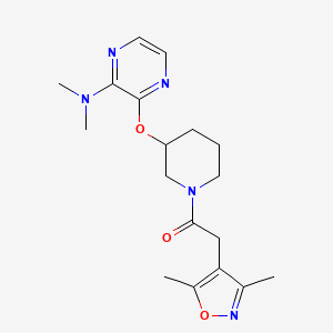 molecular formula C18H25N5O3 B2877841 1-(3-((3-(Dimethylamino)pyrazin-2-yl)oxy)piperidin-1-yl)-2-(3,5-dimethylisoxazol-4-yl)ethanone CAS No. 2034482-74-9