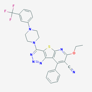 molecular formula C28H22F3N7OS B287785 11-ethoxy-13-phenyl-6-[4-[3-(trifluoromethyl)phenyl]piperazin-1-yl]-8-thia-3,4,5,10-tetrazatricyclo[7.4.0.02,7]trideca-1(9),2(7),3,5,10,12-hexaene-12-carbonitrile 