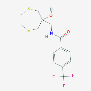 molecular formula C14H16F3NO2S2 B2877883 N-[(6-Hydroxy-1,4-dithiepan-6-yl)methyl]-4-(trifluoromethyl)benzamide CAS No. 2415489-65-3