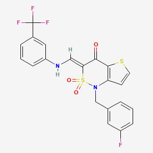 molecular formula C21H14F4N2O3S2 B2877900 (3Z)-1-[(3-fluorophenyl)methyl]-3-({[3-(trifluoromethyl)phenyl]amino}methylidene)-1H,3H,4H-2lambda6-thieno[3,2-c][1,2]thiazine-2,2,4-trione CAS No. 894685-94-0