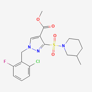 molecular formula C18H21ClFN3O4S B2877930 methyl 1-(2-chloro-6-fluorobenzyl)-3-((3-methylpiperidin-1-yl)sulfonyl)-1H-pyrazole-4-carboxylate CAS No. 1251602-05-7