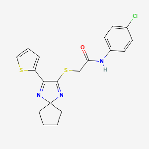 molecular formula C19H18ClN3OS2 B2877957 N-(4-chlorophenyl)-2-{[3-(thiophen-2-yl)-1,4-diazaspiro[4.4]nona-1,3-dien-2-yl]sulfanyl}acetamide CAS No. 1223944-64-6