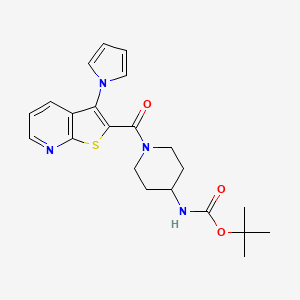 molecular formula C22H26N4O3S B2878075 tert-butyl N-{1-[3-(1H-pyrrol-1-yl)thieno[2,3-b]pyridine-2-carbonyl]piperidin-4-yl}carbamate CAS No. 1115989-61-1