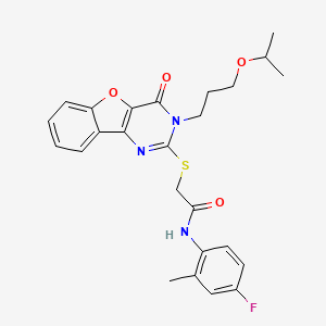 molecular formula C25H26FN3O4S B2878240 N-(4-fluoro-2-methylphenyl)-2-({4-oxo-3-[3-(propan-2-yloxy)propyl]-3,4-dihydro[1]benzofuro[3,2-d]pyrimidin-2-yl}sulfanyl)acetamide CAS No. 899962-05-1