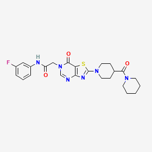 molecular formula C24H27FN6O3S B2878310 N-(3-fluorophenyl)-2-{7-oxo-2-[4-(piperidine-1-carbonyl)piperidin-1-yl]-6H,7H-[1,3]thiazolo[4,5-d]pyrimidin-6-yl}acetamide CAS No. 1185055-07-5