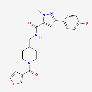 molecular formula C22H23FN4O3 B2878314 3-(4-fluorophenyl)-N-((1-(furan-3-carbonyl)piperidin-4-yl)methyl)-1-methyl-1H-pyrazole-5-carboxamide CAS No. 1396673-85-0