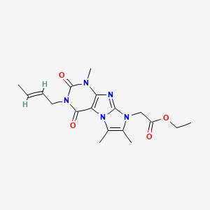 molecular formula C18H23N5O4 B2878328 ethyl 2-[3-((2E)but-2-enyl)-1,6,7-trimethyl-2,4-dioxo-1,3,5-trihydro-4-imidazo lino[1,2-h]purin-8-yl]acetate CAS No. 915933-11-8