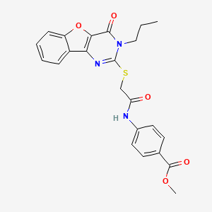 molecular formula C23H21N3O5S B2878355 4-(2-((4-氧代-3-丙基-3,4-二氢苯并呋喃[3,2-d]嘧啶-2-基)硫代)乙酰氨基)苯甲酸甲酯 CAS No. 899756-00-4