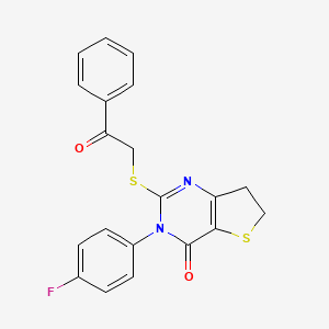 molecular formula C20H15FN2O2S2 B2878360 3-(4-Fluorophenyl)-2-phenacylsulfanyl-6,7-dihydrothieno[3,2-d]pyrimidin-4-one CAS No. 687562-62-5