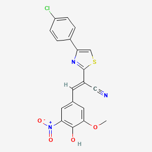 molecular formula C19H12ClN3O4S B2878362 (E)-2-(4-(4-chlorophenyl)thiazol-2-yl)-3-(4-hydroxy-3-methoxy-5-nitrophenyl)acrylonitrile CAS No. 683254-89-9